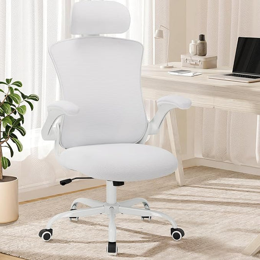 Ergonomic Mesh Office Chair, High Back Executive Desk Chair with Adjustable Headrest and Lumbar Support, Flip-Up Arms, Rocking, Swivel Rolling Computer Mesh Chair for Home Office-White