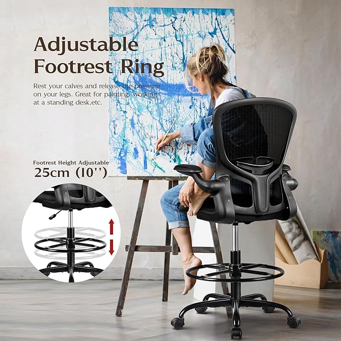 FelixKing Drafting Chair, Tall Office Chairs with Footrest Ring, Home Standing Desk High Chair with Lumbar Support Adjustable Counter Height Ergonomic Swviel Rolling Chairs for Working (Black)