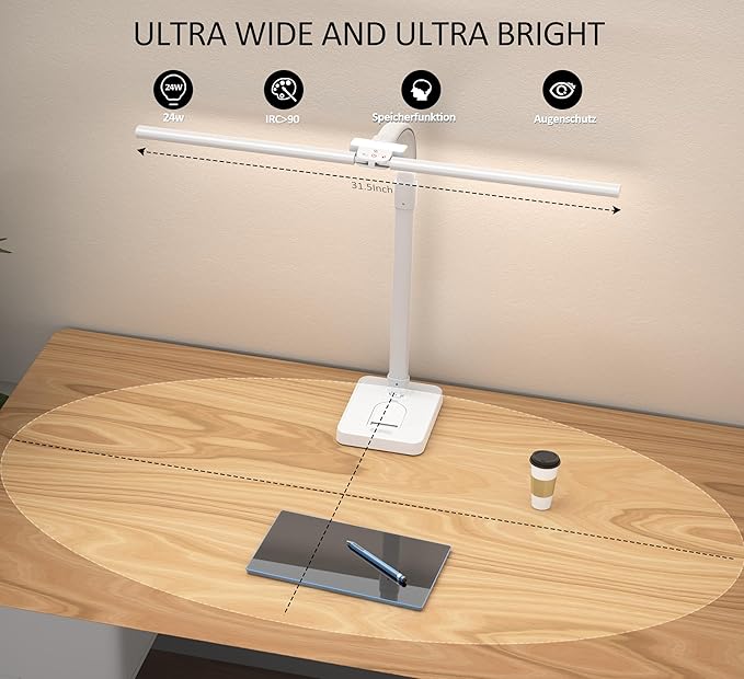 Led Desk Lamp for Home Office, Double Head Desk Lamp with Base, 24W-5 Color Modes and 5 Dimmable Dimming Lighting Desk Light, Eye-Caring Modern Task Lamp for Architect Study Drafting Reading