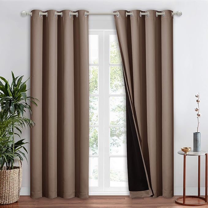 NICETOWN Complete Blackout Shade for Large Window Door, 100% Blackout Window Curtain Panel with Black Lined, 52 inches Width Each Panel, 95 inches Length, Cappuccino, 1 Piece