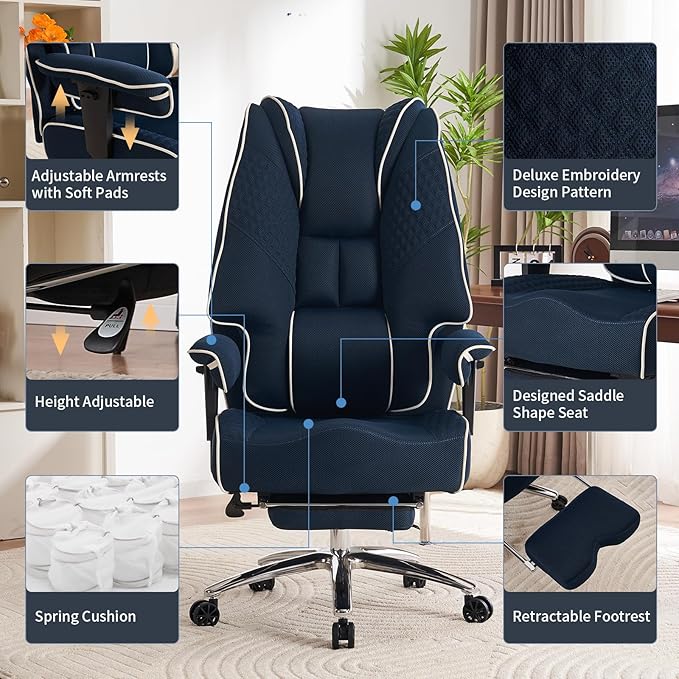 Big and Tall Office Chair 400lbs Wide Seat, Mesh High Back Executive Office Chair with Foot Rest, Ergonomic Office Chair Lumbar Support for Lower Back Pain Relief (Mesh Dark Blue)