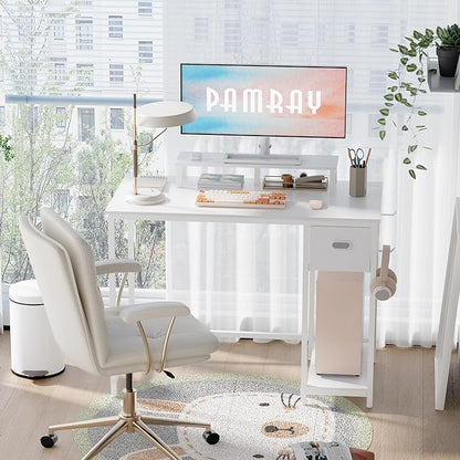 Pamray 39 Inch Computer Desk with Monitor Stand Small Home Office Desks with Non-Woven Storage Drawer for Bedroom Study Table Writing and Work Desk White,White Leg