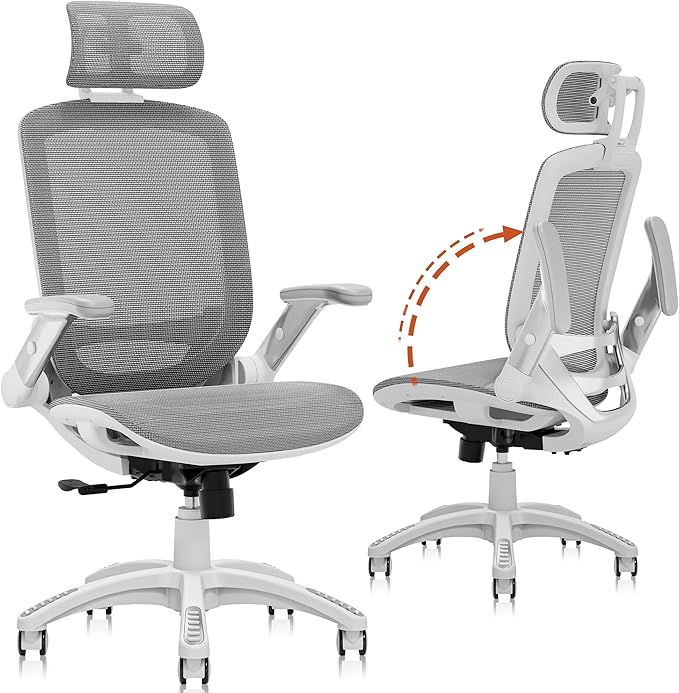 GABRYLLY Ergonomic Office Chair, High Back Home Desk Chair with Headrest, Flip-Up Arms, 90-120° Tilt Lock and Wide Cushion, 400LBS Mesh Chairs for Man Woman, White Task Chair(Dark Grey,GY01WDG)