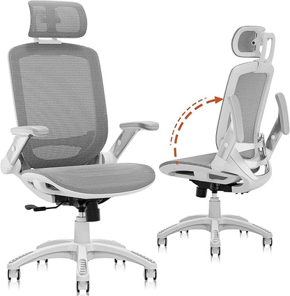 GABRYLLY Ergonomic Office Chair, High Back Home Desk Chair with Headrest, Flip-Up Arms, 90-120° Tilt Lock and Wide Cushion, 400LBS Mesh Chairs for Man Woman, White Task Chair(Dark Grey,GY01WDG)