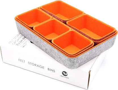 Welaxy desk drawer organizers bin trays dividers small shallow felt storage box sturdy office suppliers closet cabinet makeup crafts pens 8-piece (Orange)