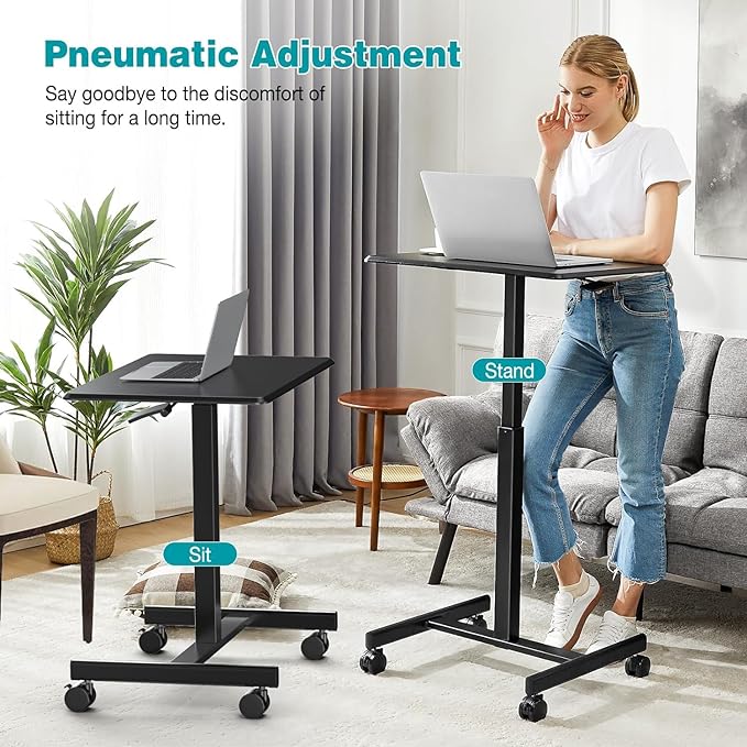 DUMOS Small Standing Desk Mobile Portable Rolling Laptop Desk on Wheels, Adjustable Height Table for Home Office, 19 Inch, Black