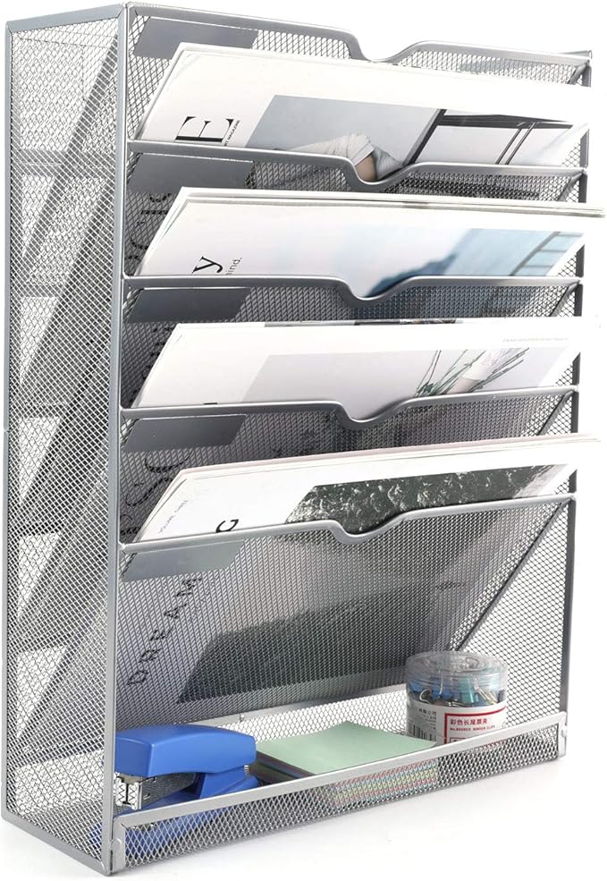 EasyPAG Wall File Organizer Mesh 5 Tier Vertical Hanging File Folders Holder Rack for Office Home,Silver