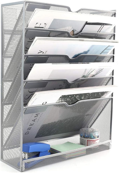 EasyPAG Wall File Organizer Mesh 5 Tier Vertical Hanging File Folders Holder Rack for Office Home,Silver