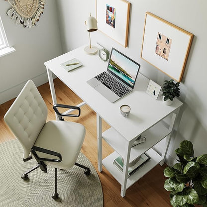 CubiCubi Small Computer Desk, 35 Inch Home Office Desk with Storage Shelves, Study Writing Desk, White