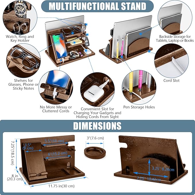 Wood Phone Docking Station - Wood Charging Station Organizer Stand, Bedside Nightstand Organizer for Men and Women, Holds Phone, Tablet, Keys, Glasses, EDC and More