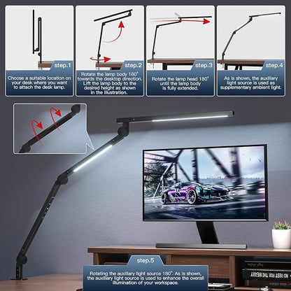 Desk Lamp with Clamp, Eye-Care Swing Arm Desk Lamp, Stepless Dimming & Adjustable Color Temperature Modern Architect Lamp with Memory & Timing Function for Study, Work, Home, Office, 12W