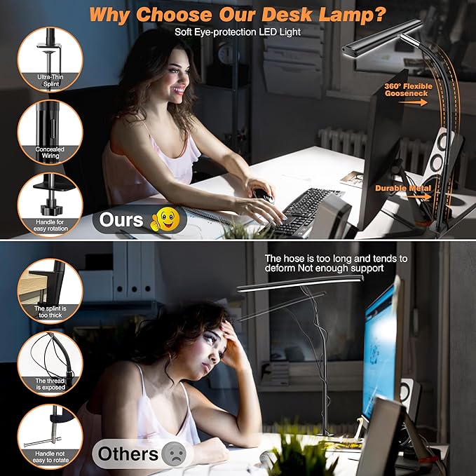 LED Desk Lamp for Office Home, Eye-Caring Desk Light with Stepless Dimming Adjustable Flexible Gooseneck, 10W USB Adapter Desk Lamp with Clamp for Reading, Study, Workbench (Black)