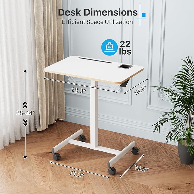 Mobile Standing Desk, Rolling Laptop Desk Adjustable Height with Cup Holder, 28 inch Portable Desk Workstation with 4 Lockable Wheels, White Desk with Hook and Slots for Home Office