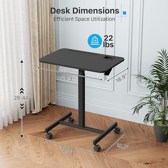 Mobile Standing Desk, Rolling Laptop Desk Adjustable Height with Cup Holder, 28 inch Portable Desk Workstation with 4 Lockable Wheels, Black Desk with Hook and Slots for Home Office