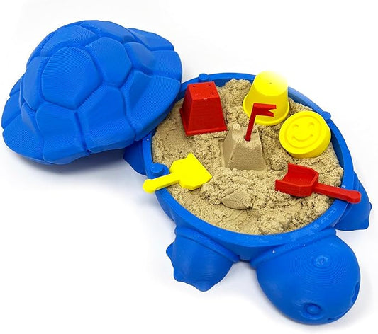 Munnygrubbbers - Mini Desktop Turtle Sand Box - 6 x 6 in - Stress Relief - includes Soft Moldable Play Sand and Mini Tool Accessories - Novelty Gift - Desktop Decor - Zen Garden - (Blue)