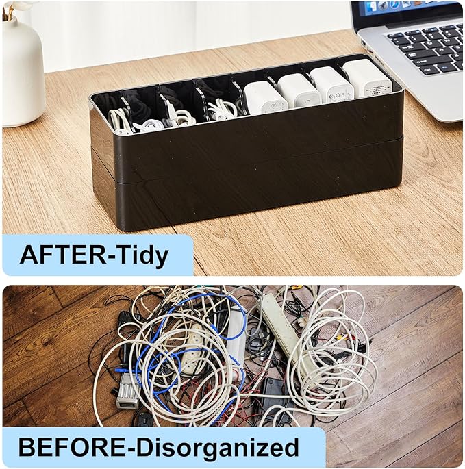 Tatuo 4 Pcs Cable Organizer with 20 Wire Ties, Black Plastic Cord Storage Box with Lid, Electronics Charger Organizer for Home Office Desk Organizers and Accessories