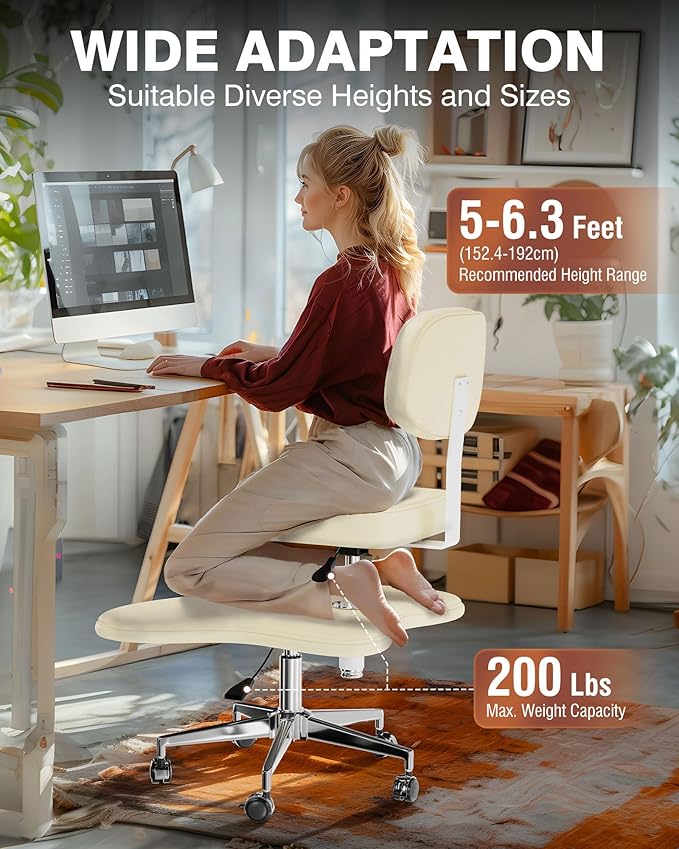 PYY Meditation Chair with Back Support - Cross Legged Office Chairs with Wheels, ADHD Chair for Fidget Adults, Criss Cross Desk Kneeling Chair for Home Yoga, Adjuatable Height, Lumbar Support, White