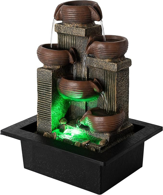 13-inch Indoor Fountains and Waterfalls Cascading 5-Tiered Pots-Tabletop Water Fountain-Desk Waterfall-with Audible Waterfall Sounds-Zen Water Fountain and Color Lights