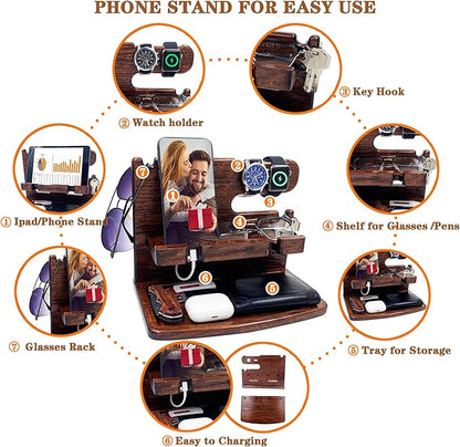 Gifts for Men Women Dad Husband Boyfriend Wood Phone Docking Station Nightstand Organizer for Men Gift Ideas for Mother's Day,Father's Day, Christmas, and Valentine's Day(Dark Brown)