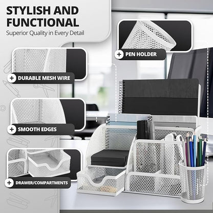 Flexzion Desk Top Caddy Organizer - White Office Desk Accessories Organizer and Storage - Metal Mesh Desk with 6 Compartments, Drawer and Pen Holder