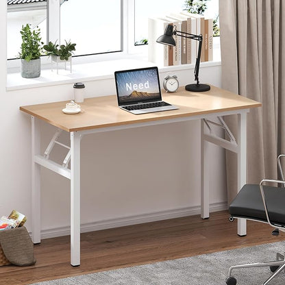 Need Folding Desk for Home Office 39-3/8'' Length Modern Folding Table Computer Desk No Install Needed Pink Oak Color Desktop White Frame, AC5AW(10060)