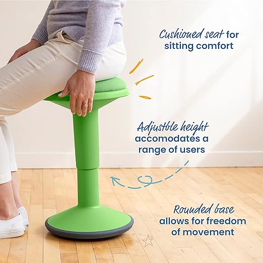 ECR4Kids Sitwell Wobble Stool with Cushion, Adjustable Height, Active Seating, Grassy Green