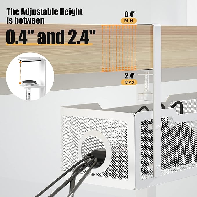 Under Desk Cable Management Tray White, Cinati Cable Management Under Desk No Drill, Cable Tray with Clamp for Desk Wire Management,Desk Cable Management Box for Office, Home - No Damage to Desk