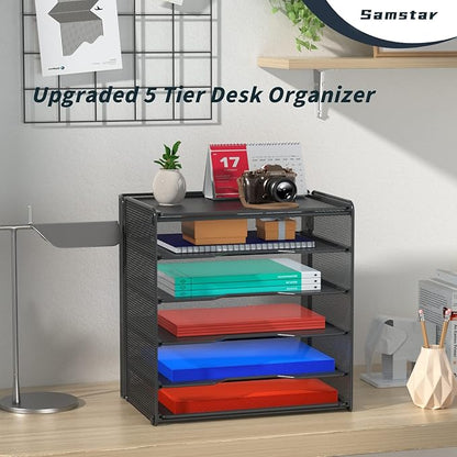 Samstar Letter Tray Paper Organizer, Mesh Desk File Organizer with 5 Tier Shelves and Sorter, Black