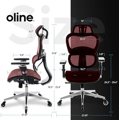 Oline ErgoPro Ergonomic Office Chair - Rolling Desk Chair with 4D Adjustable Armrest, 3D Lumbar Support and Blade Wheels - Mesh Computer Chair, Gaming Chairs, Executive Swivel Chair (Burgundy Red)