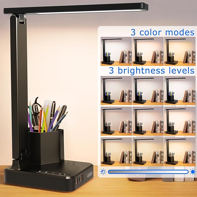 COZOO LED Desk Lamp with 3 USB Charging Ports,1 AC Outlet,2 Pen Holders,3 Color Temperatures 3 Brightness LevelsTouch/Memory/Timer Function,10W Eye Protection Foldable Reading Light,College Study Lamp