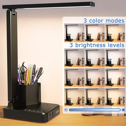 COZOO LED Desk Lamp with 3 USB Charging Ports,1 AC Outlet,2 Pen Holders,3 Color Temperatures 3 Brightness LevelsTouch/Memory/Timer Function,10W Eye Protection Foldable Reading Light,College Study Lamp