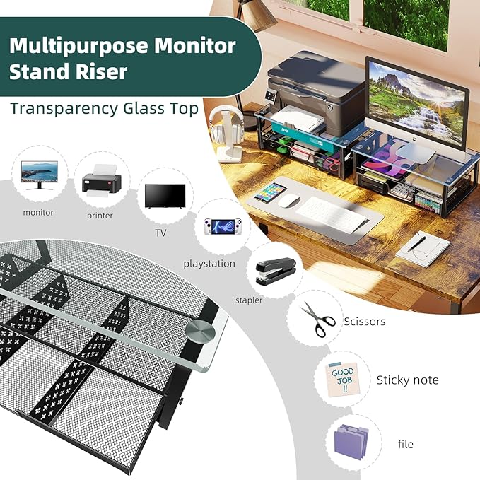 Monitor Stand Riser Tempered Glass, 2 Tier Metal Computer Desk Organizer with Drawer Storage, Desktop Stand for Laptop, Printer, iMac, Black