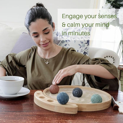 Japanese Zen Garden Kit for Desk - Premium Sand Garden - Mini Zen Décor Office Desktop Accessories - Bamboo Crafted Meditation Therapy Tray - Gift Set - 4 Stamp Spheres Natural Rake Custom Holder