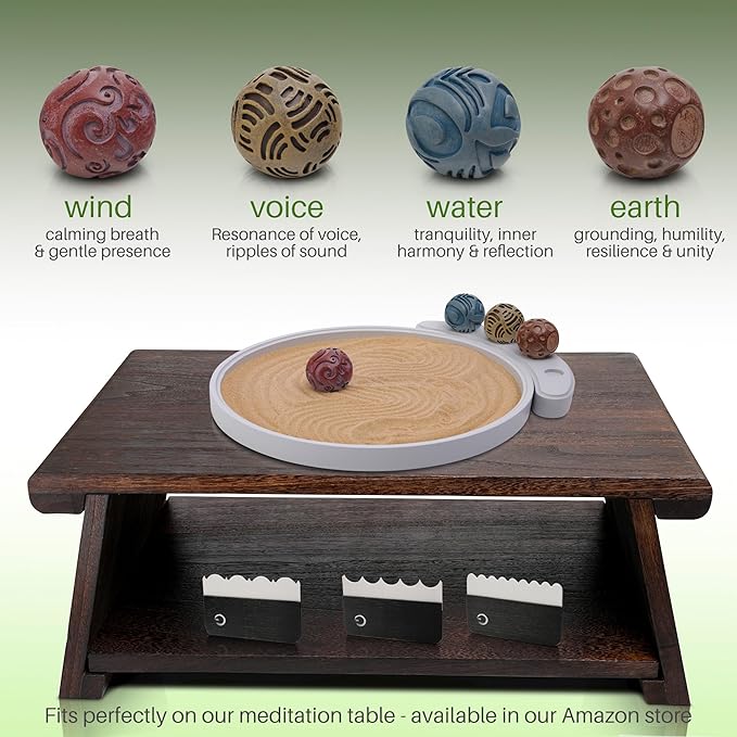 ENSO Japanese Zen Garden Kit for Desk - Inori Premium Sand Garden Gift Set for Meditation Therapy - Mini Zen Décor Office Desktop Accessories - Solid Wood Tray, 4 Hand Crafted Spheres & Custom Holder