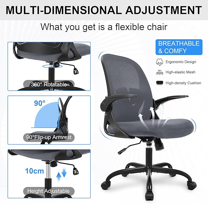 Primy Office Chair Ergonomic Desk Chair with Adjustable Lumbar Support and Height, Swivel Breathable Desk Mesh Computer Chair with Flip up Armrests for Conference Room（Dark Gray）