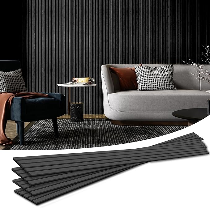 Art3d 4pcs-107 x 8in Slat Acoustic Panel for Wall and Ceiling, 3D Fluted Sound Absorbing Panel with Wood Finish, Black