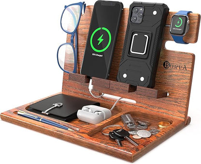 BARVA Gifts for Men Dad Birthday Ideas Wood Docking Station 2 Phone Nightstand Organizer Table Charging Dock Multi Watch Charging Stand Wallet Key Gadget Device Bedside Holder Bedroom Desk Accessories