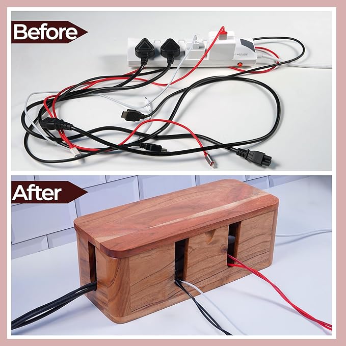 Cable Management Box & Cord Organizer- Cable Organizer for Desk, Home, Office. Hides Wires, Surge Protectors, Power Strips. Eco Friendly Mango Wood Cord Management Solution (Natural Acacia)