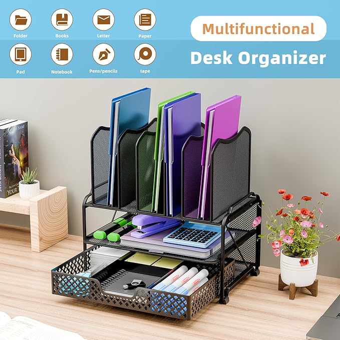 Simple Trending Mesh Desk File Organizer, Office Supplies Desktop Storage with Sliding Drawer, Double Tray and 5 Upright Section Sorter Organizer, Black