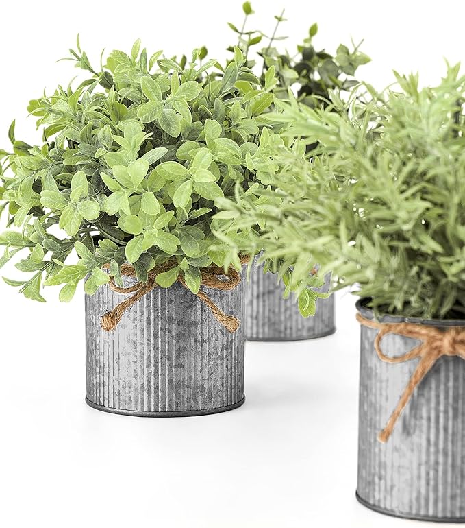 Mkono Small Fake Plants in Farmhouse Galvanized Metal Pots 3 Pack Potted Artificial Plant Eucalyptus for Laundry Room Bathroom Shelf Table Decor