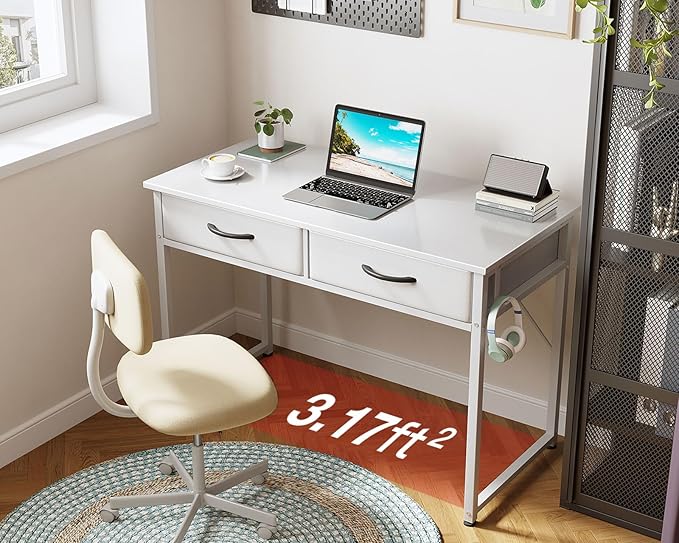 ODK 40 Inch Small Desk with Fabric Drawers- for Bedroom, White Vanity Desk with Storage, Home Office Computer Desk for Small Spaces, Modern Work Writing Study Table, White