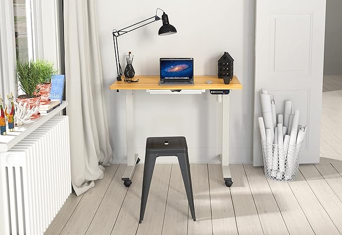 SHW Small Electric Height Adjustable Mobile Sit Stand Desk with Drawer, Hanging Hooks and Cable Management, 40 x 24 Inches, Oak