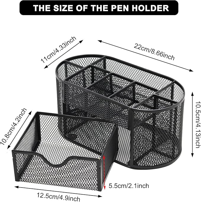 Mesh Desk Organizer Desktop Office Supplies Multi-functional Caddy Pen Holder Stationery with 8 Compartments and 1 Drawer for Office, Home, School, Classroom (Black)