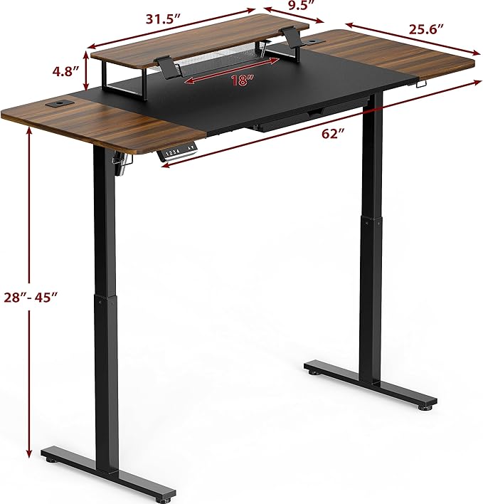 SHW 62-Inch Extra Large Electric Height Adjustable Standing Desk with Monitor Riser and Drawer, Walnut