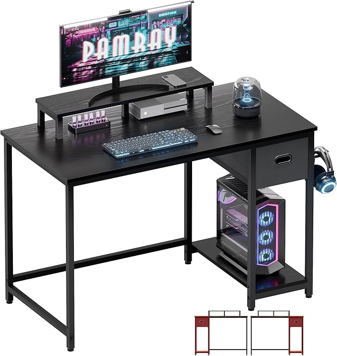 Pamray 39 Inch Computer Desk with Monitor Stand Small Home Office Desks with Non-Woven Storage Drawer for Bedroom Study Table Writing and Work Desk Black