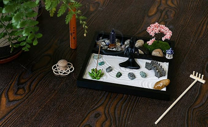 Desktop Meditation Yoga Zen Garden Kit Japanese Tabletop Rock Sand Chakra Shrine Altar Japanese Zen Decor Home Office Desk Zen Gifts for Women Man Birthday w/Rake Tool Accessories Bonsai