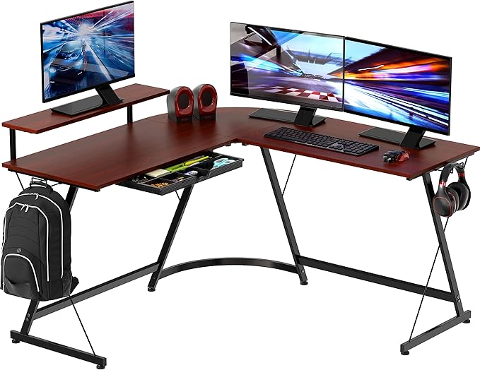 SHW Vista L-Shape Desk with Monitor Stand, Cherry