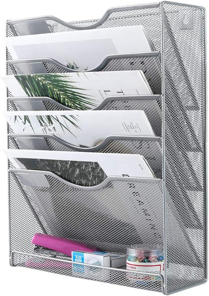 EasyPAG Wall File Organizer Mesh 5 Tier Wall File Holder Desktop Vertical Hanging File Folder Organizer with Bottom Flat Tray Sides Closed,Silver