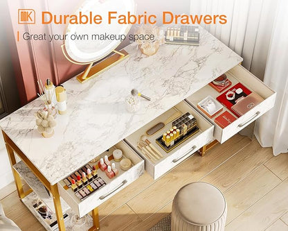 ODK Vanity Desk with 3 Fabric Drawers & Storage Shelves, Makeup Dressing Table, Home Office Desks for Bedroom, Small Modern Writing Desk for Girls Bedroom, White and Gold, 48"x16" (No Mirror)