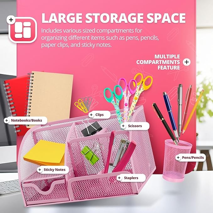 Flexzion Desk Top Caddy Organizer - Pink Office Desk Accessories Organizer and Storage - Metal Mesh Desk with 6 Compartments, Drawer and Pen Holder